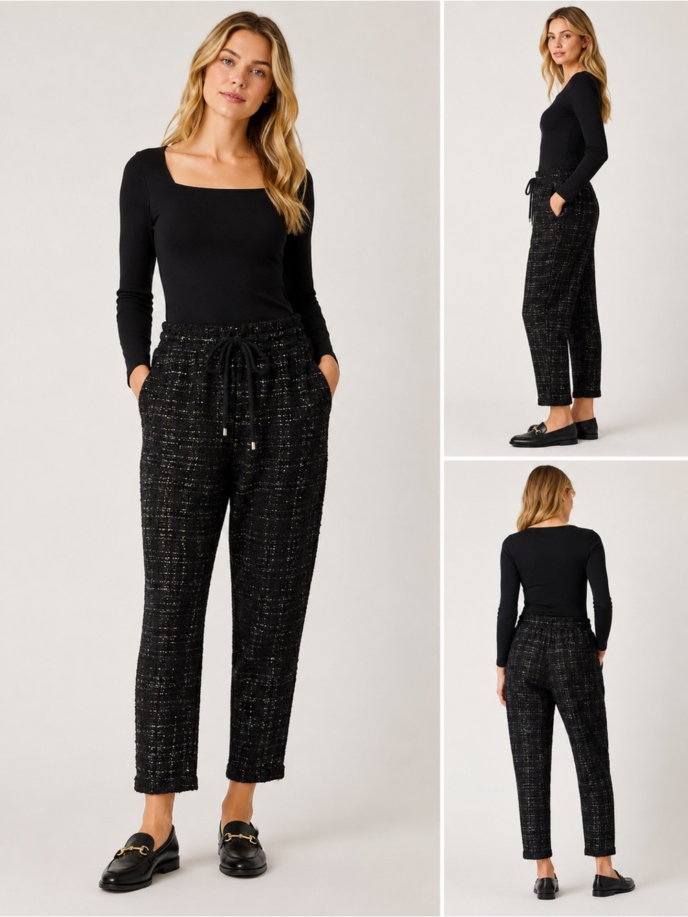 Eva Franco Black Metallic Tweed Jogger Pants Size Small Luxe Pull On